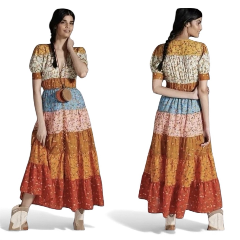 Anthropologie Tiered and True Vibrant Floral Maxi Dress